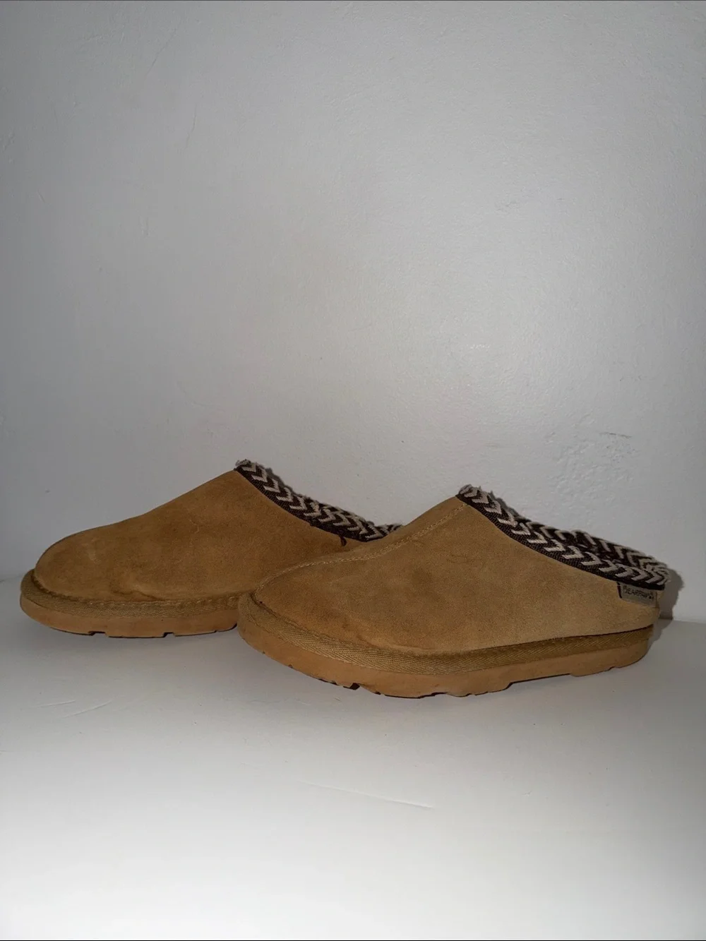 BearPaw Chestnut Suede Shearling-Lined Slip-Ons with Braided Trim